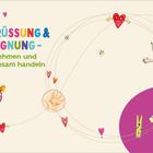 "BEGRÜSSUNG & BEGEGNUNG - wahrnehmen und gemeinsam handeln." Illustration mit Kind, Herzen, Uhr und Wäscheklammer.