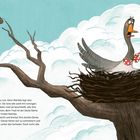 Text beschreibt Matilda, die drei Eier legt und ihren Küken Namen gibt. Eine Gans mit rotem Halstuch sitzt im Nest.