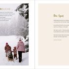 Links: "AUF SPURENSUCHE" – Text über Tierspuren im Schnee. Rechts: Gedicht "Die Spur" von Christa Reinig. Kinder und Hund im Schnee.