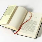 Text: „Kapitel 1: Eine Hand auf Abwegen“. Ein geöffnetes Buch mit rotem Leseband, beige Seiten auf einem weißen Hintergrund.