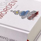 „Das stern duse achten will achtsam morden“ in schwarzer und roter Schrift auf einem weißen Buchcover mit Glittergrafik.