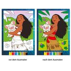 Links: "vor dem Ausmalen", rechts: "nach dem Ausmalen". Frau umarmt Ferkel, Sommerlandschaft, bunte Buntstifte.