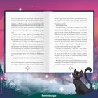 Text über eine Geschichte über Magie und Zauberei. Eine offene Buchseite mit einem lilafarbenen Himmel und schwarzer Katze unten rechts.