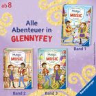 "Alle Abenteuer in GLENNYFEY", ab 8, Band 1–3. Drei bunte Buchcover der Serie "Magic Music" von Michael Petrowitz. Ravensburger Logo.
