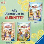 Texte: "ab 8", "Alle Abenteuer in GLENNYFEY", "Band 1", "Band 2", "Band 3". Drei Buchcover mit Kindern und Musikinstrumenten.