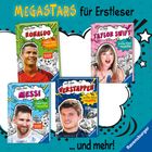 "Megastars für Erstleser" zeigt Buchcover von Ronaldo, Taylor Swift, Messi und Verstappen mit Comic-Hintergrund und Verlag Ravensburger.