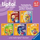 "Fantastische Geschichten von großen Gefühlen" 4-7 Jahre. Fünf Kinderbücher mit Tierfiguren und Emotionsthemen auf lila Hintergrund.