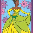 Diese Illustration zeigt eine Frau im gelben und grünen Kleid vor einem Hintergrund mit rosa Blumen.