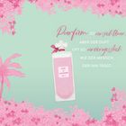 Text: "Parfüm ist unsichtbar, aber der Duft oft so unvergesslich wie der Mensch, der ihn trägt. Love & Lavender No. 1." Illustration von rosa Blumen und Parfümflasche vor mintgrünem Hintergrund.