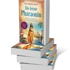 Buchtitel: "Die letzte Pharaonin" von Eva-Maria Bast. Cleopatra in goldener Robe vor ägyptischem Hintergrund. Stapel Bücher.