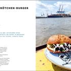 "HANFBRÖTCHEN-BURGER für 4 Personen." Ein Rezept daneben. Rechts ein Burger auf einem Skateboard am Wasser.