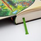 Eine Illustration auf einer Buchseite zeigt eine bunte Landschaft, darunter ein See. Ein grünes Lesebändchen ragt heraus.