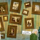 Text: "Eine ganz normale Familie!" Eine Reihe von Porträts an einer Wand, ein Junge schaut hinter einem Ritter hervor.