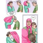 Zwei Personen miteinander, einer trägt ein rosa Tuch. Dialoge betonen Zweifel, Konsequenzen und positive Reaktion.