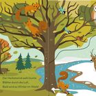Der Herbstwind weht bunte Blätter durch die Luft. Bald wird es Winter im Wald! Ein Baum mit Tieren und ein Fluss.