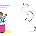 "Schön wär’s, denkt der Musikant, erklänge nun ein Elef..." Ein Kind trommelt, daneben eine gepunktete Elefanten-Illustration.