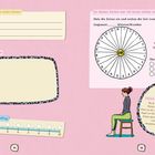 Text: "Das kann ich heute nicht mehr hören:", "Mein Wort/Satz des Tages:", "So war mein letzter Ausflug:", "Zu diesen Zeiten war ich heute online unterwegs:", "Express-Entspannung für den Nacken".

Links: Notizflächen für Text. Rechts oben: Uhrdiagramm. Rechts unten: Frau auf Stuhl.