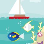 Illustration: Segelboot auf dem Meer. Unterwasser zwei bunte Fische, Korallen, Seestern und Muschel.