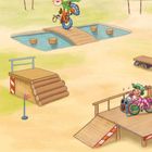 Jump und Lexi helfen Masha beim Blumengießen! Wähle den richtigen Weg durch Rohrleitungen aus. Zwei Kinder auf Fahrrädern, ein Wasserfass, Rohre und Blumen sind abgebildet.