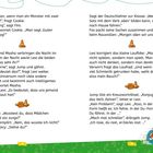 Texte über Monsterwitze, Zeltgeschichten und Sprachübungen. Eine Illustration mit bunten Elementen und lachendem Kind auf BMX.