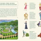 "Lerne die Figuren, Tiere, Blumen, Sträucher, Kräuter und Bäume kennen." Illustrationen von Schloss, Figuren und Garten.