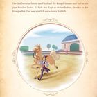 Der Text beschreibt, wie ein Stallbursche ein Pferd stolz auf die Koppel führt. Darunter eine Illustration, die die Szene zeigt.