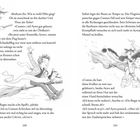 Seiten 160-161 aus einem Buch, mit Illustrationen von Figuren auf Besen in der Luft. Texte beschreiben eine Flugabenteuer.