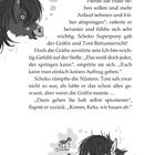 Ein Pony mit langer Mähne schaut; Denkblase illustriert Schritte: Huf heben, Anlauf nehmen, Abspringen. Text über Reitunterricht.