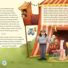 Texte beschreiben einen Campingurlaub. Illustration mit einem Zelt, drei Personen, zwei sitzen, eine steht, und Möbeln im Freien.