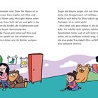 Links oben Text über Miras Ankunft in der Kita. Unten links Bücherregal und Plüschtiere, rechts Mira kuschelt in der Ecke.