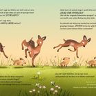 Rehkitz Pünktchen und Wilda springen mit Frischlingen auf grüner Wiese. Lebhafte Szene mit fröhlichem Text.