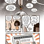 Eine Comic-Illustration mit Figuren und Texten. Ein Charakter beschreibt gefährliche Abenteuer. Unten ein Heldenausweis: "Vorname: Action, Nachname: Dude."