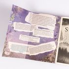 Text auf Papierfetzen über lila Hintergrund mit floralen Mustern und Baumranken. Farbverlauf von hell zu dunkel.