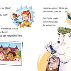 Illustration: Ein Mädchen mit roten Zöpfen spricht zu einem Freund auf einem Gerät. Ein Eisbär mit Mütze packt einen Rucksack.
