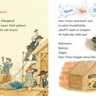 Zwei Seiten mit Illustrationen. Links: Bauleute arbeiten an einem Stall. Rechts: Ein Hund in einer Hütte, genervt vom Lärm.