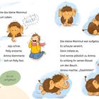 Kinder entdecken ein kleines Mammut, das plötzlich zum Leben erwacht. Das Mammut schaut verwirrt und umarmt ein Kind.