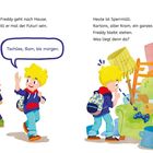 Texte: „Absorber Freddy geht nach Hause. Morgen will er der Futuri sein.“ Zwei Jungen winken sich zu; einer steht vor Sperrmüll.