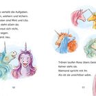 Texte: Frau Alba verteilt die Aufgaben... Sie ist ja erst neu.

Tränen laufen Rosa übers Gesicht... Als ob sie unsichtbar wäre.

Illustration: Bunte Einhörner mit verschiedenen Mähnenfarben.
