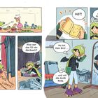 Ein Kind im Dinokostüm sucht sein Pausenbrot, findet es leer und ärgert sich, während es sich im Spiegel betrachtet.