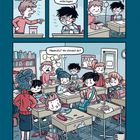 Illustration mit Dialogen in Sprechblasen: Schüler streiten, Klassenraum voller Unruhe, Schüler sucht sein ausgebüxtes Haustier.