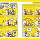 Eine Comic-Illustration über die Erfindung von Speiseeis. Personen diskutieren humorvoll darüber beim Eisessen.