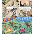 Comic mit Figuren in Büro- und Dschungelszenen. Dialoge über die Jagd nach einem Marsupilami. Paraglider im letzten Bild.