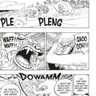 Ein Manga-Comic zeigt eine Küstenszene mit einem Schiff, großen Tieren und einer Figur mit Hut, die spricht. Geräusche füllen die Luft.