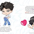 Charakter Jinu von den "Saja Boys" in niedlichem Stil, mit schwarzen Haaren und selbstsicherem Blick. Ein pinkes Herz daneben.