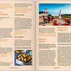 Zwei Seiten eines Reiseführers über Costa Vicentina. Links: "Wohin zum ... Essen und Trinken?" Rechts: "Wohin zum ... Ausgehen?" und "Einkaufen?"