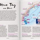 "Mein Tag am Meer" beschreibt Erlebnisse in Monaco. Enthaltene Events sind "10 Uhr: Hallo, Hai!", "12.30 Uhr: Schlemmen beim Sonnenbaden". Kartenillustration zeigt Küste Monacos.