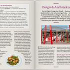 „Auf ein Schlückchen“ und „Design & Architektur“ als Überschriften. Text über irische Getränke und moderne Architektur. Bild zeigt rote Stangen.