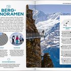 Links: "BERG-PANORAMEN". Rechts: Person auf Steg über Klippe, schneebedeckte Berge im Hintergrund.
