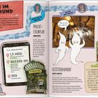 Eine bunte Doppelseite mit der Überschrift „Action im Untergrund“ zeigt Comic-Illustrationen und Fotos von Pariser U-Bahnen. Texte beschreiben Kanäle und Metro-Stationen.