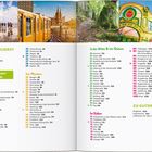 Texte: "DAS BESTE ZUERST", "Im Norden", "Im Westen", "In der Mitte & im Osten", "Im Süden", "ZU GUTER LETZT". Bilder zeigen Strand, Zug, Wald, Gebäude, Riesenrad.